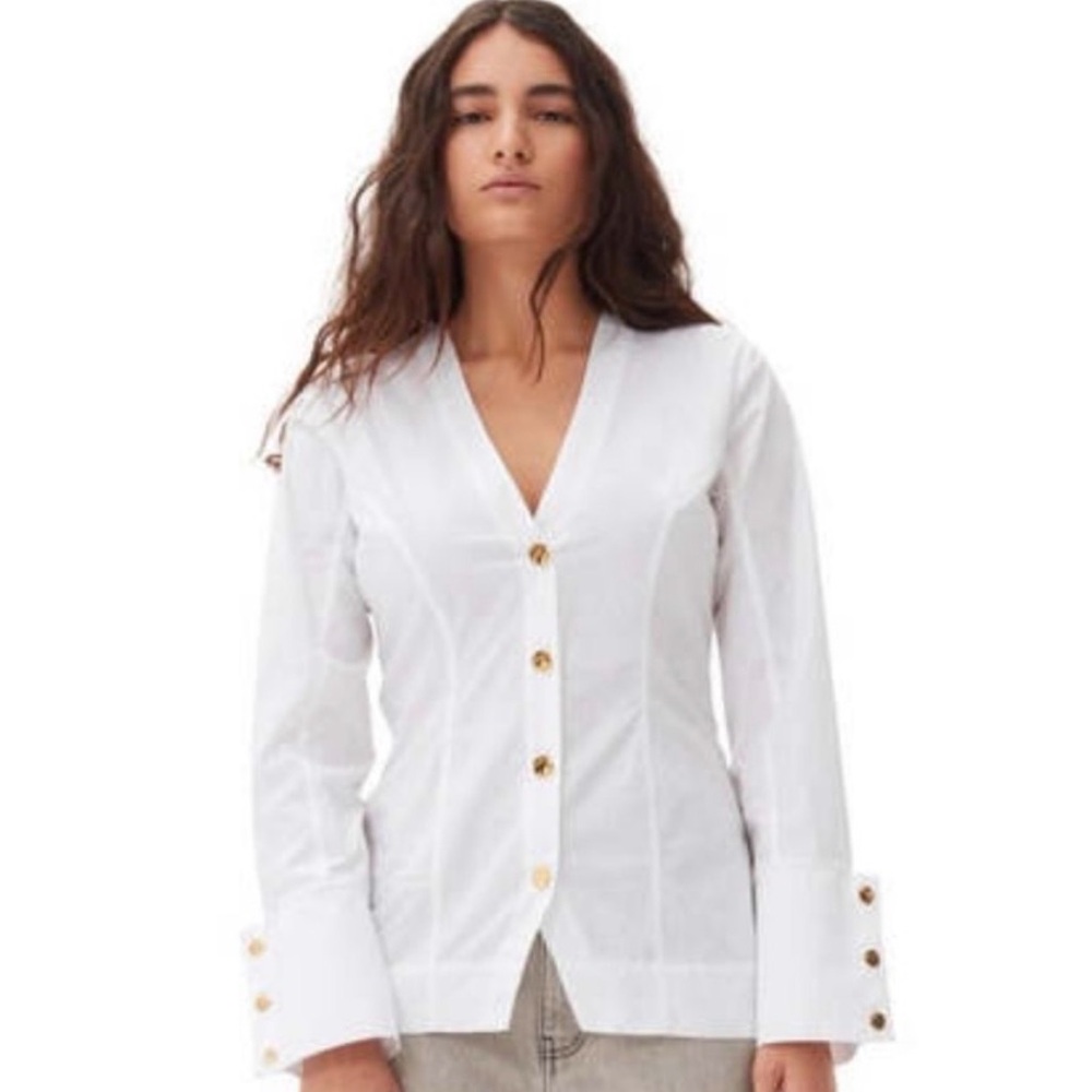 NWT Ganni White Button-Front V-Neck Long Sleeve Top